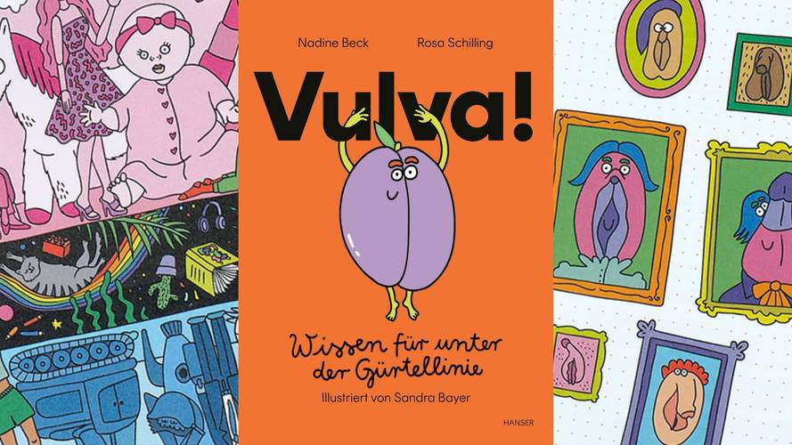 Key Visual der Veranstaltung – Zeichnungen von Vulven und comicartiger Figuren, in der Mitte da Buchcover mit dem Titel "Vulva. Wissen für unter der Gürtellinie" und eine vermenschlichte Pflaume