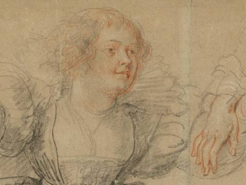 Peter Paul Rubens, Figurenstudie zum Liebesgarten, Detail, um 1631/32, schwarze Kreide, Rötel, mit weißer Kreide gehöht – Skizze eines Menschen mit lockigem Haar. Der linke Arm ist angewinkelt, der rechte ausgestreckt. Detailreiche Kleidung mit bauschigen Ärmeln. Zeichnung.