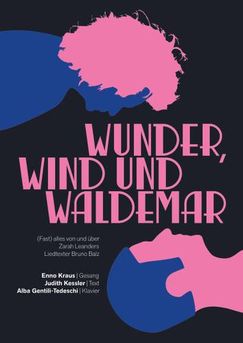 Grafisch gestaltetes Veranstaltungsplakat mit schwarzem Hintergrund und auffälligen pinken und blauen Formen, die stilisierte Gesichtsprofile darstellen. Im Zentrum steht der Titel „Wunder, Wind und Waldemar“ in großer pinker Schrift. Darunter der Untertitel: „(Fast) alles von und über Zarah Leander, Liedtexter Bruno Balz“. Im unteren Bereich sind die Mitwirkenden genannt: Enno Kraus (Gesang), Judith Kessler (Text) und Alba Gentili-Tedeschi (Klavier). Das Plakat verwendet einen starken Farbkontrast und eine moderne, plakative Gestaltung.