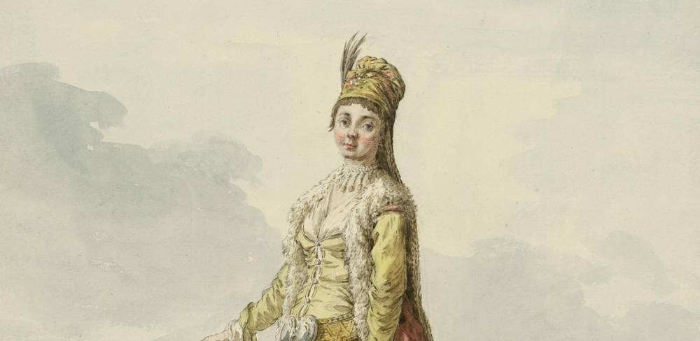 Jean Baptiste Hilaire, Eine Frau mit Fächer vor Konstantinopel, Detail, 1778
