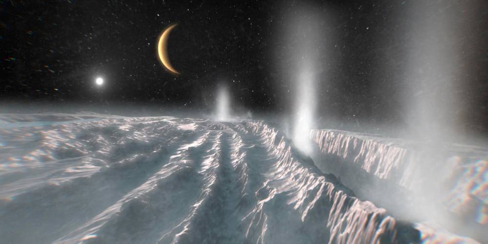 Künstlerische Darstellung von Cryovulkanismus auf Enceladus – Künstlerische Darstellung von Cryovulkanismus auf Enceladus