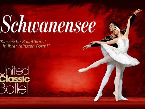 – Schwanensee, klassische Ballettkunst in ihrer reinsten Form. United Classic Ballet. Zwei Balletttänzer*innen in Pose vor rotem Hintergrund.