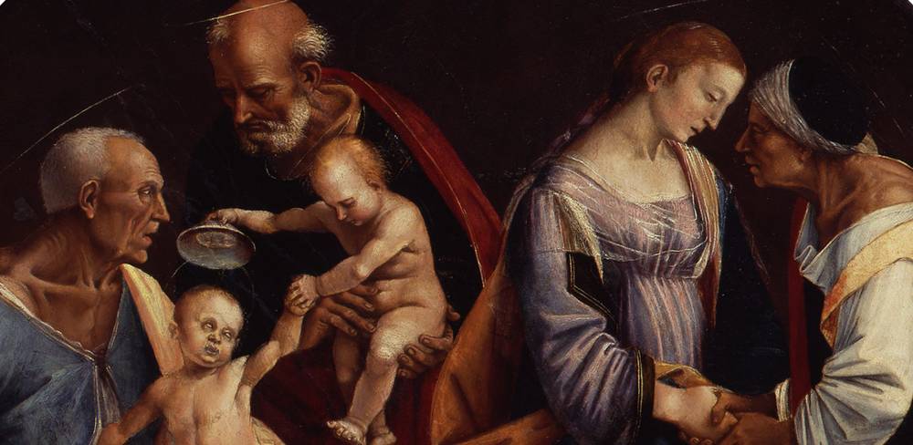 Luca Signorelli, Heilige Familie mit Zacharias, Elisabeth und dem kleinen Johannes (Detail), 1508 – Ölgemälde: Vier Erwachsene, ein Baby, ein Kind. Zwei maennlich gelesene Personen links, eine haelt das Baby. Zwei weiblich gelesene Personen rechts, sprechen