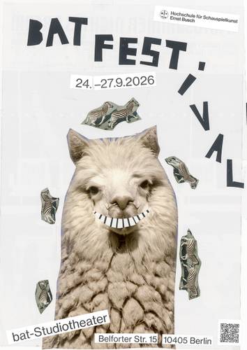 Tier mit Lamakopf und gemaltem Gebiss. Text: BAT FESTIVAL 24.-27.9.2026 bat-Studiotheater Belforter Str. 15 10405 Berlin. Hochscule für Schauspielkunst Ernst