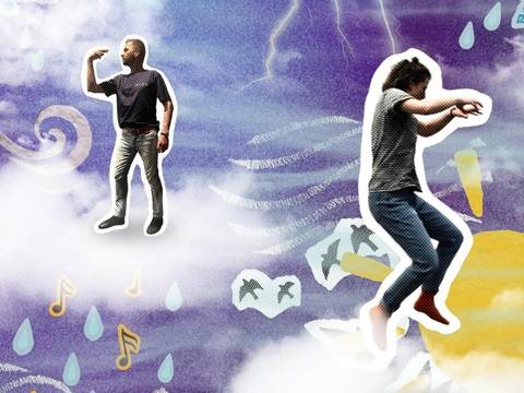  – Vor einem lila Himmel schweben zwei weiße Personen auf Wolken: Eine tanzt vor der strahlenden Sonne, die andere steht seitlich und zeigt mit zwei Fingern auf ihr Gesicht. Blaue Regentropfen, glitzernde Eiskristalle und helle Blitze tanzen und wirbeln zusammen mit verspielten Linien, flatternden Vögeln und lebendigen Musiknoten um sie herum.