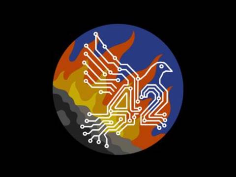 FIfF – Aus lodernden Flammen entsteigt eine Taube geformt aus Leiterbahnen deren Körper eine 42 formt