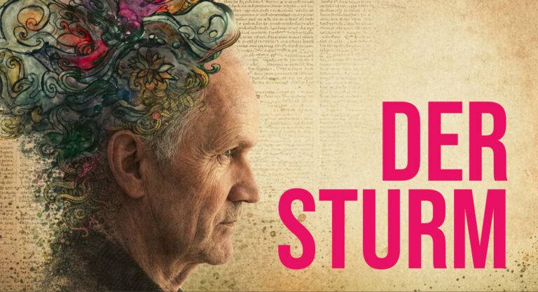 Ältere Person im Profil mit buntem, floralem Muster im Haar, rechts Text "DER STURM" in großen pinken Buchstaben. Hintergrund aus dichtem Text.