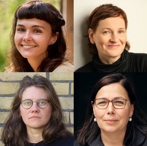 Vier lächelnde Personen in quadratischem Bildraster, zwei oben, zwei unten, in unterschiedlichen Hintergründen und Frisuren.
