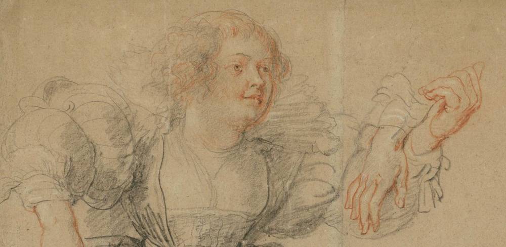 Peter Paul Rubens, Figurenstudie zum Liebesgarten, Detail, um 1631/32, schwarze Kreide, Rötel, mit weißer Kreide gehöht