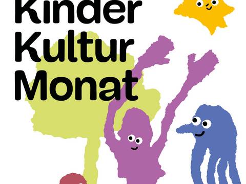  – Bunte abstrakte Figuren mit Augen; Text: Kinder Kultur Monat; gelber Stern mit Gesicht. Illustrative Grafik.