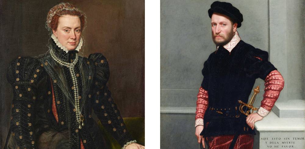 Anthonis Mor, Herzogin Margarete von Parma, Detail, um 1562 | Giambattista Moroni, Don Gabriel de la Cueva, 1560