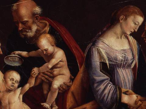 Luca Signorelli, Heilige Familie mit Zacharias, Elisabeth und dem kleinen Johannes (Detail), 1508 – Ölgemälde: Vier Erwachsene, ein Baby, ein Kind. Zwei maennlich gelesene Personen links, eine haelt das Baby. Zwei weiblich gelesene Personen rechts, sprechen