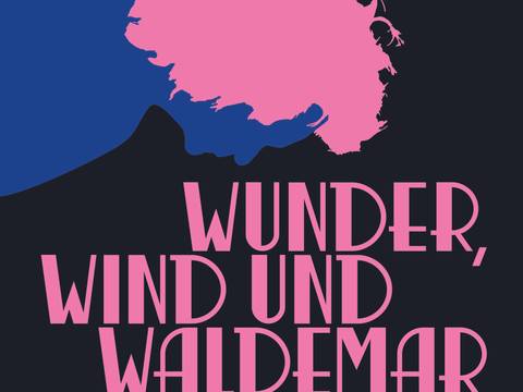  – Grafisch gestaltetes Veranstaltungsplakat mit schwarzem Hintergrund und auffälligen pinken und blauen Formen, die stilisierte Gesichtsprofile darstellen. Im Zentrum steht der Titel „Wunder, Wind und Waldemar“ in großer pinker Schrift. Darunter der Untertitel: „(Fast) alles von und über Zarah Leander, Liedtexter Bruno Balz“. Im unteren Bereich sind die Mitwirkenden genannt: Enno Kraus (Gesang), Judith Kessler (Text) und Alba Gentili-Tedeschi (Klavier). Das Plakat verwendet einen starken Farbkontrast und eine moderne, plakative Gestaltung.