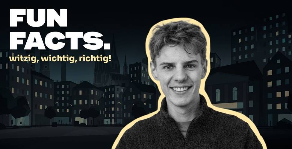 Levi Penell – Lächelnde Person im Vordergrund, Stadtsilhouette im Hintergrund. Text: FUN FACTS. witzig, wichtig, richtig!