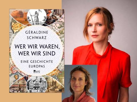 Géraldine Schwarz: Wer wir waren, wer wir sind. Eine Geschichte Europas – Buchcover "Wer wir waren, wer wir sind" von Geraldine Schwarz vor Portraitfoto von weiblich gelesener Person in rotem Hemd, weitere Person unten links.