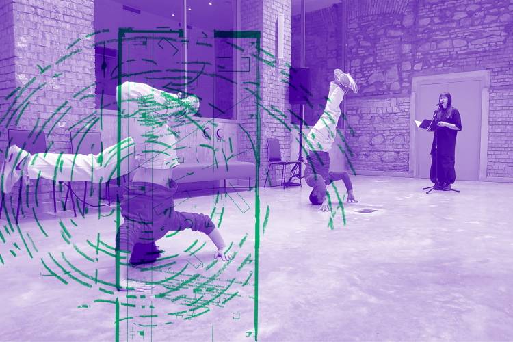 Grafik: Rimini Berlin / Foto (Ausschnitt): Balázs Deim, Hajnal Németh, „BREAK DANCE BREAK“, 2026; Zeichnung, inspiriert von einer Originalzeichnung von Lawrence Halprin, Arnold Dreyblatt, 2026