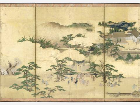 Werkstatt des Kano Jinnojō (k.D., tätig 1. H. 17. Jh.) zugeschrieben, Landschaft mit Figuren, Stellschirm zu 6 Paneelen, Tusche, Farben und Gold auf Papier