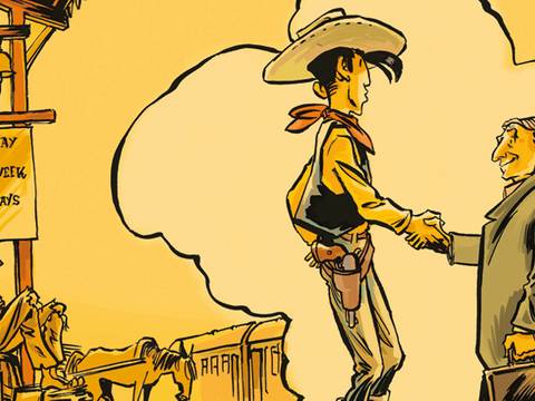 Key Visual der Veranstaltung – Comic-Figur Lucky Luke schüttelt den Brüdern Grimm die Hand