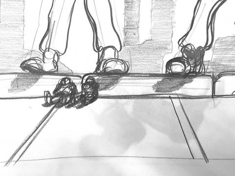 Peter Wächtler, Ohne Titel (Ständig), 2026 – Schwarz-Weiß-Zeichnung von zwei Schuhen auf einem Bordstein, dunkle Schattierungen und Linien um Schuhspitzen und Schlagschatten, skizzenhaft ausgeführt.