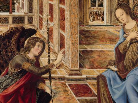 Piero del Pollaiuolo: Die Verkündigung an Maria (Detail), um 1470. – Gemälde zeigt einen knienden Engel mit Flügeln, der eine Lilie hält, vor einer weiblich gelesenen Person auf einem Stuhl. Renaissance-Stil, detaillierte