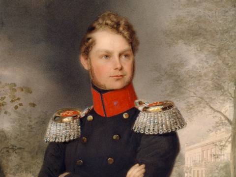 Unbekannter Künstler: Porträt des Prinzen Carl von Preußen in Uniform, im Hintergrund Schloss Glienicke – Unbekannter Künstler: Porträt des Prinzen Carl von Preußen in Uniform, im Hintergrund Schloss Glienicke