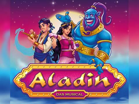  – Aladin, weiblich gelesene Person und blauer Dschinni vor schillerndem Hintergrund. Text: Aladin das Musical.