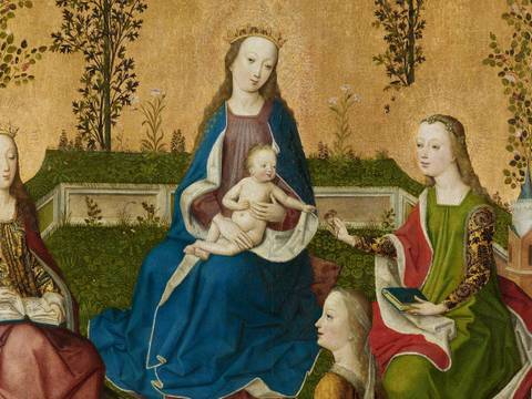 Meister des Marienlebens, Madonna mit Heiligen in der Rosenlaube (Detail), um 1470