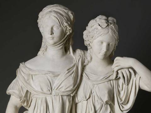 Johann Gottfried Schadow, Doppelstandbild der Prinzessinnen Luise und Friederike von Preußen, sog. Prinzessinnengruppe, 1795, Detail, Gips, Zustand nach der Restaurierung