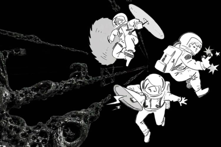 Comic-Stil: Drei Astronaut*innen kämpfen mit Schilden und Schwertern gegen wirbelnde, schwarze Tentakel auf schwarzem Hintergrund.