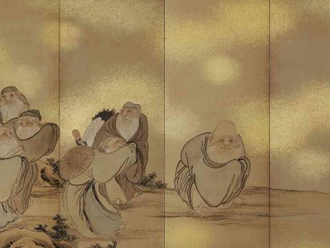 Ki Baitei (1734-1810), Daoistische Unsterbliche, links, Detail, Paar Stellschirme zu je sechs Paneelen, Tusche, Farben und Gold auf Papier
