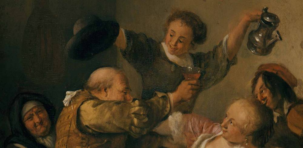 Jan Steen: Lockere Gesellschaft, um 1661/63, Detail – Fünf Personen bei Feier; mittlere Person haelt Glas hoch, links darueber Gusskanne; Ölgemaelde, barocke Kleidung, fröhliche Stimmung.