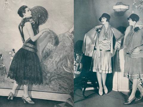 Modelle von Olga de Bayer in ihrem Salon mit Wandmalereien von Emil Orlik (Elegante Welt, 1926 und 1928)