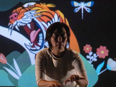  – Person in weißem Gewand vor bunter Projektion mit tigerähnlichem Tier, einer Libelle und Blumen. Hände erhoben, als würde sie tippen oder spielen.