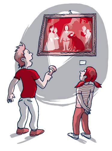 Illustration: Taschenlampenführung durch das Schlossmuseum Oranienburg – Illustration: Taschenlampenführung durch das Schlossmuseum Oranienburg: Ein Junge und ein Mädchen stehen vor einem Gemälde und leuchten es mit einer Taschenlampe an