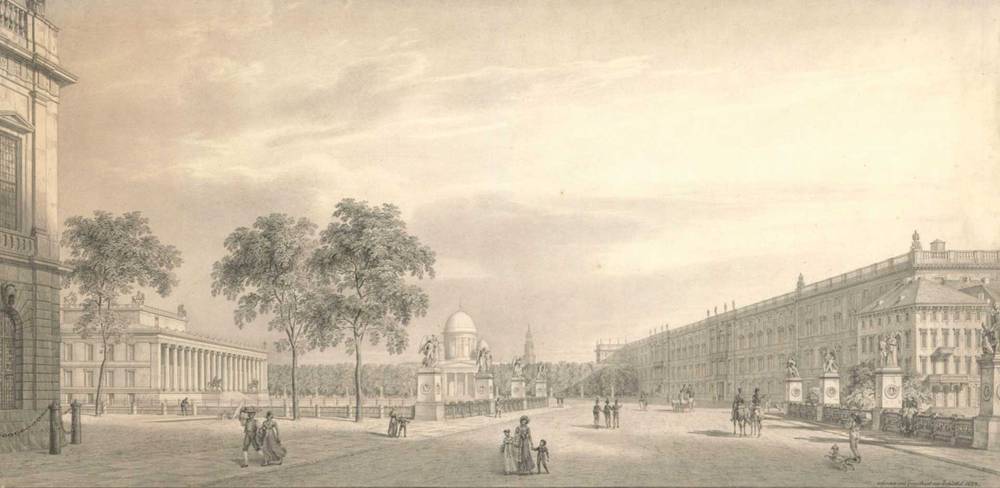 Karl Friedrich Schinkel, Berlin, Unter den Linden. Ansicht des Lustgartens mit Schlossbrücke, Altem Museum, Dom und Schloss, Zeichnung, 1823