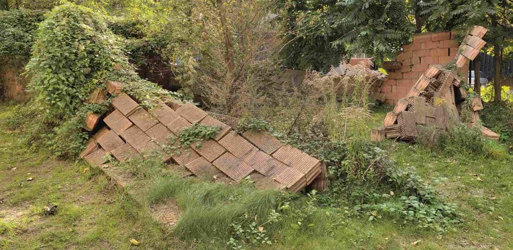 Urs Fischer, Baked Master’s Basket, Detail, 1999 / 2005 fortwährend – Ziegelmauer, teils eingestürzt und von Pflanzen überwuchert, im Grasbereich eines Gartens. Vegetation wild gewachsen um die Ziegel.