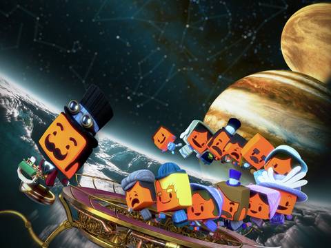  – Das Bild zeigt eine Gruppe cartoonartiger Figuren auf einem goldenen, steampunkartigen Fluggerät, das durch den Weltraum mit Planeten und Sternenkonstellationen im Hintergrund reist. Die Szene strahlt Abenteuerlust und einen fantasievollen, viktorianischen Stil aus.