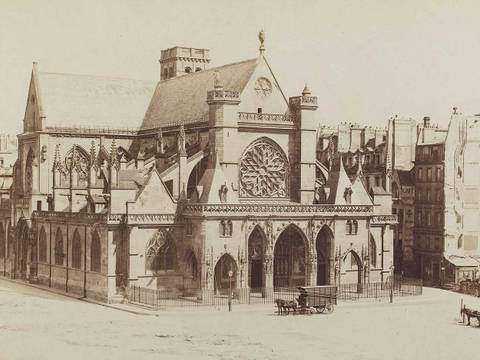 Edouard Baldus, Travaux autour de l'église Saint-Germain-l'Auxerrois, Paris, Ausschnitt, zwischen 1857 und 1862, Salzpapier-Abzug, 31,5 x 44,5 cm