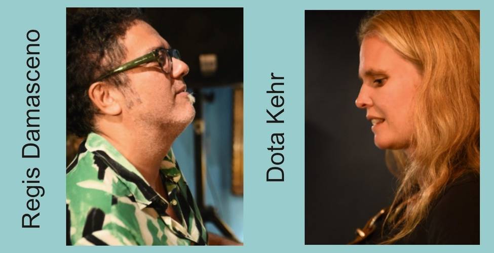 Dota Kehr & Regis Damasceno – Zwei Personen im Profil vor blauem Hintergrund: Links steht "Regis Damasceno", rechts steht "Dota Kehr".