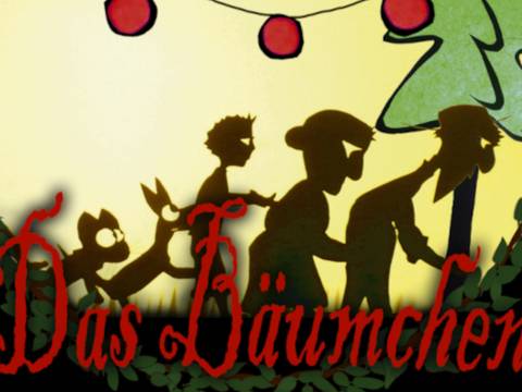Das Bäumchen – Scherenschnitt mit fuenf Figuren, die einen Baum schmuecken, rote Lichterkette oben, Text unten: Das Baeumchen, umgeben von Blaternahmen.