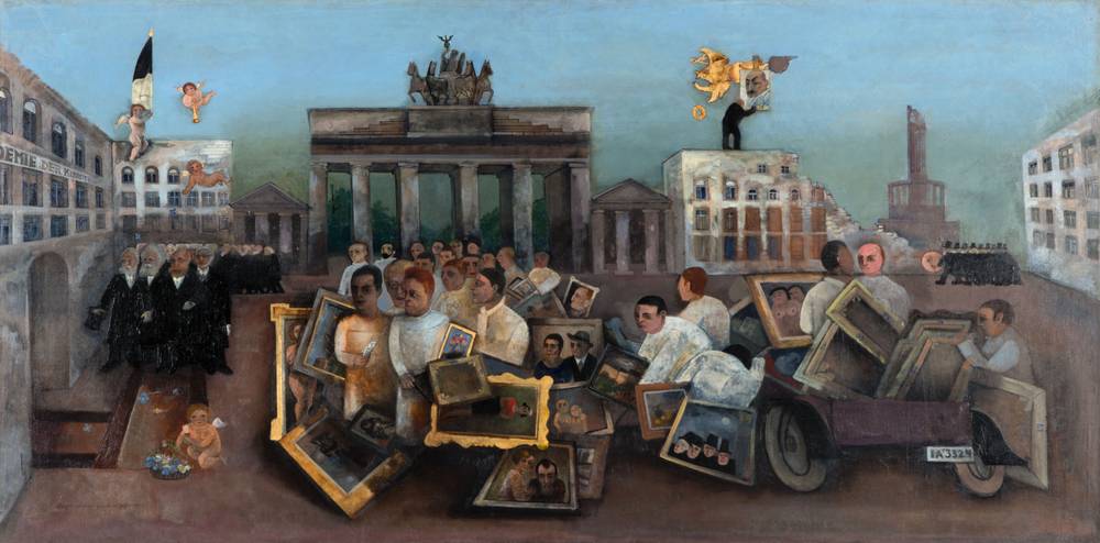 Felix Nussbaum, Der tolle Platz, 1931 – Vorn im Zentrum des beige-grauen Gemäldes: eine Gruppe junger Maler*innen in hellen Kitteln mit Gemälden. Von einem Wagen rechts daneben werden weitere Bilder abgeladen. Links: schwarz gekleidete Professor*innen in einer langen Dreier-Reihe. Im Hintergrund steht Max Liebermann auf einem halb zerstörten Haus.