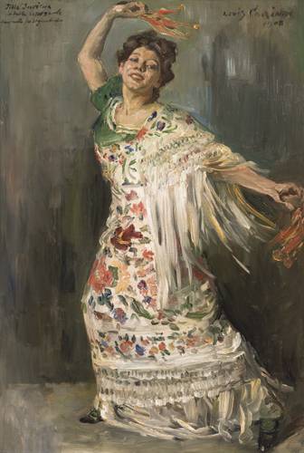 Lovis Corinth, Tilla Durieux als spanische Tänzerin, 1908 (Ausschnitt) – Gemälde: Porträt der tanzenden Tilla Durieux in langem geblümten Kleid und Überwurf mit langen Fransen.