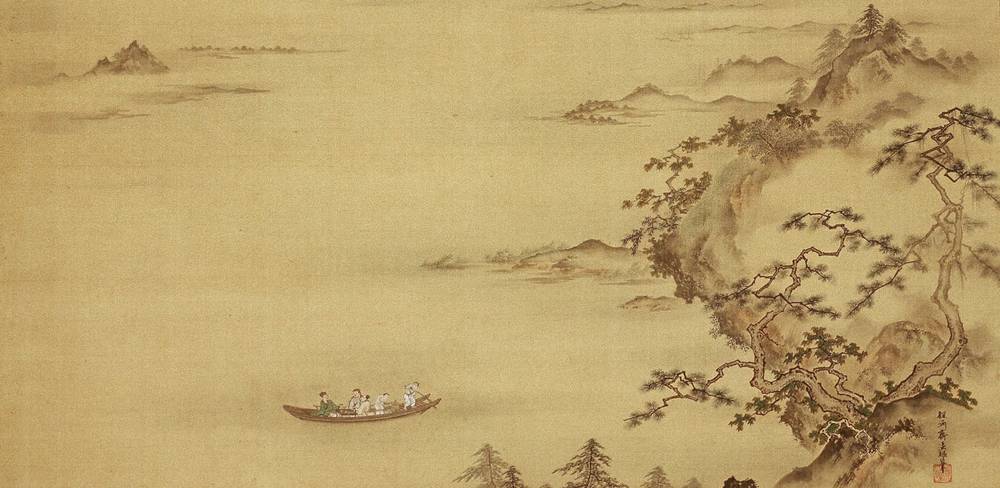 Kano Tan’en (1804 – 1853), Landschaft im chinesischen Stil, nach Su Shis (1037 – 1101) Gedichten zur Fahrt zur Roten Wand, Detail, Hängerolle, Tusche und Farbe auf Seide