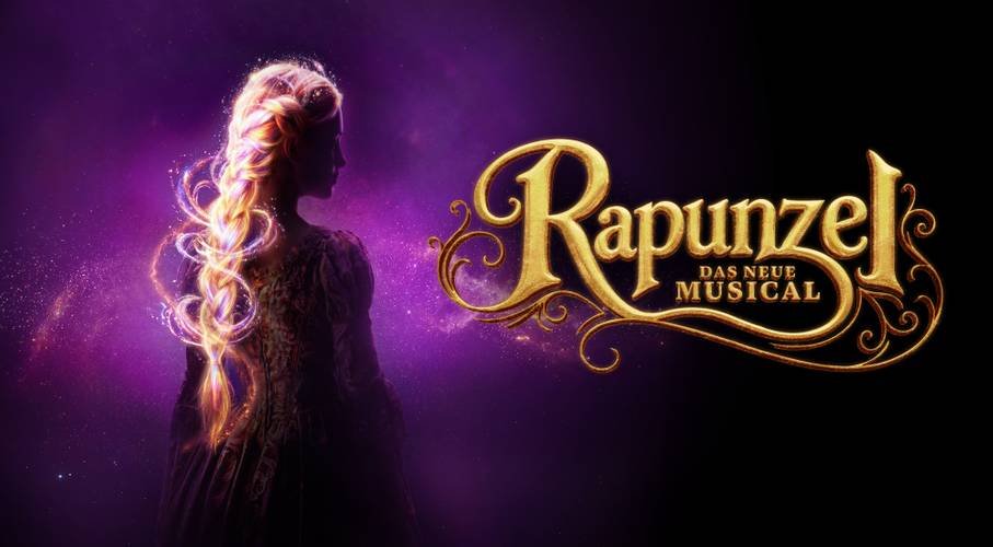Rapunzel - Das neue Musical – Person mit langem, leuchtendem Zopf vor lilafarbenem Hintergrund. Rechts der Schriftzug: Rapunzel Das Neue Musical.