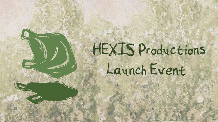 Zwei grüne abstrakte Formen auf gemustertem Hintergrund. Text: HEXIS Productions Launch Event.