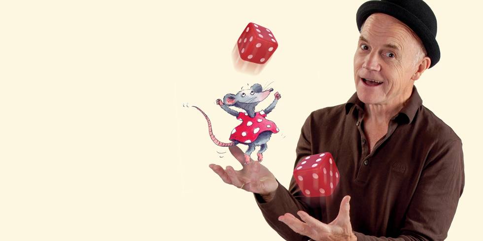 Mathilde, die Mathe-Ratte – Mann mit Hut jongliert zwei rot-weiß gepunktete Wuerfel, dazwischen springt ein gemalter Maus-Charakter in einem roten Kleid mit Punkten.