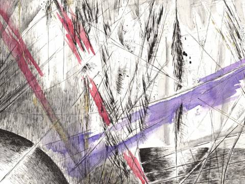 ohne Titel – Abstraktes Kunstwerk mit schwarzen Linien, roten und lila Streifen auf hellem Hintergrund.
