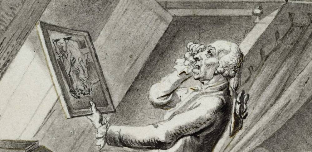 Daniel Chodowiecki, Der Kunstrichter, Detail, aus: Zeichnungen für den Physiognomischen Almanach, 1791/92, Pinsel und Feder in Grau, Schwarz und Braun