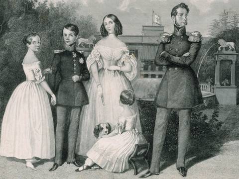 Nach Theodor Hosemann: Prinz Carl von Preussen mit Familie vor dem Schloss Glienicke, um 1842