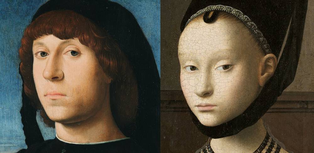 Petrus Christus, Bildnis einer jungen Dame, um 1470 / Antonello da Messina, Bildnis eines jungen Mannes, 1476/79 – Zwei Porträts: Links eine Person mit braunem Haar und schwarzer Kleidung. Rechts eine Person mit Kopfbedeckung und hellem Gesicht. Renaissance-Stil.